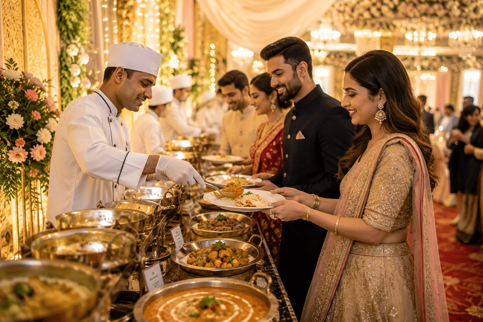 Chef serving guests at an elegant wedding reception buffet